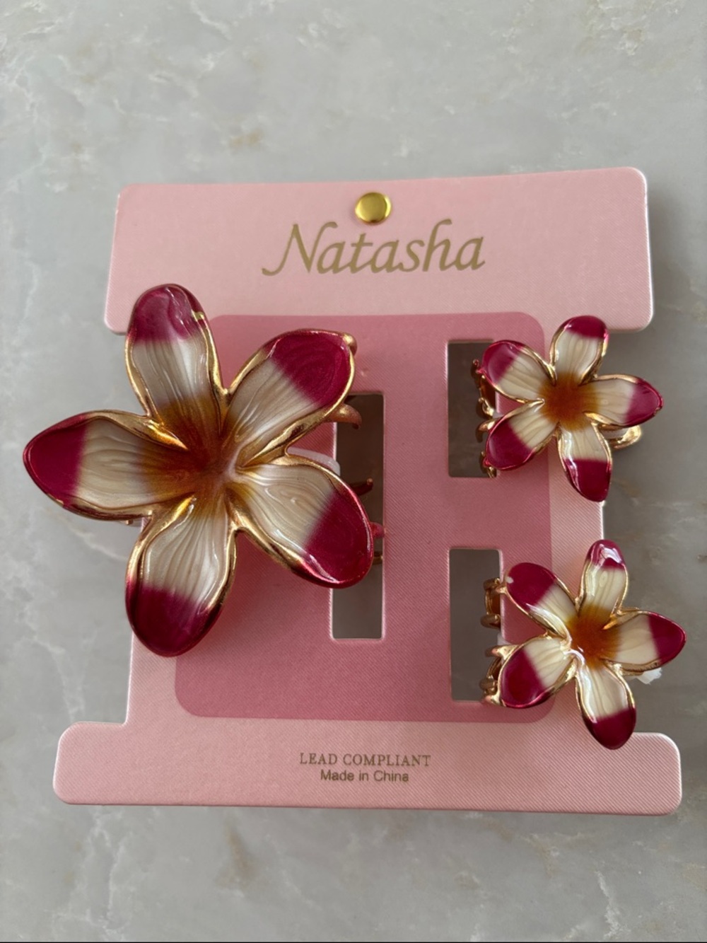 NWT Natasha Couture Pink and Gold Tropical Plumeria Floral Hair Claw Set
